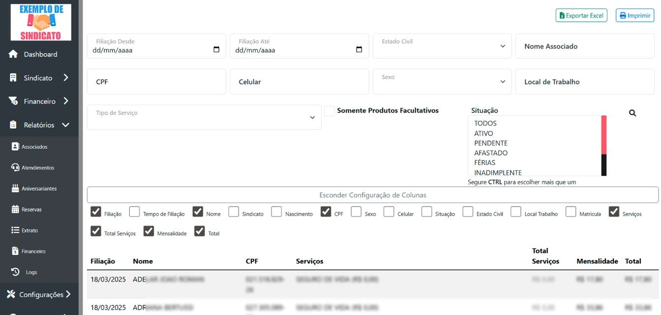 Relatórios personalizados de associados: aplique diversos filtros para gerar relatórios sob medida e exporte facilmente em PDF ou Excel para análise e compartilhamento.
