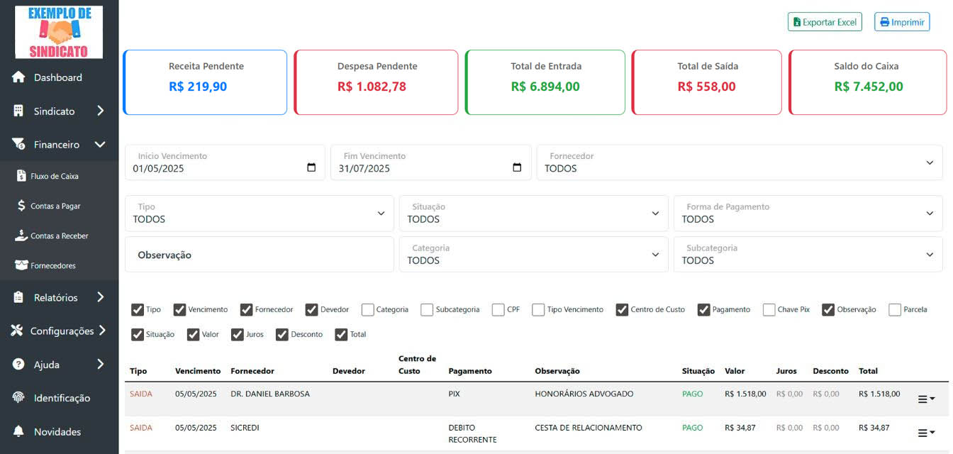 Visão financeira detalhada: acompanhe contas pagas e recebidas, utilize filtros de pesquisa, e anexe comprovantes diretamente em cada lançamento para um controle completo e organizado.