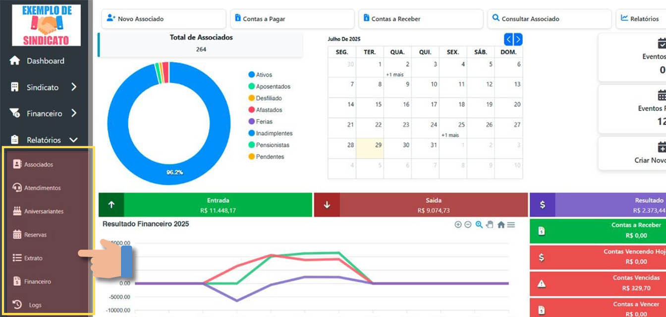 Relatórios completos e personalizados: gere informações detalhadas sobre associados, atendimentos, aniversariantes, reservas, movimentações financeiras e logs do sistema — tudo em poucos cliques.